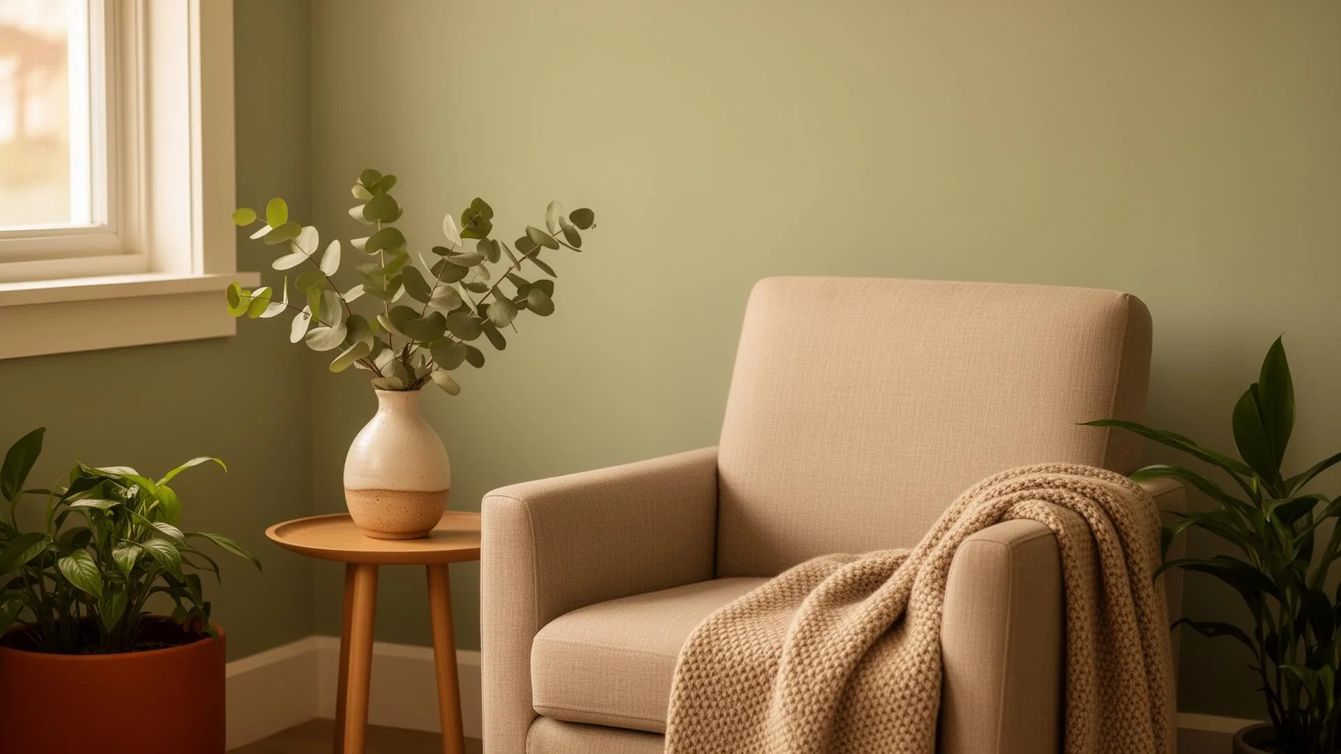 A quiet, sunlit corner of a therapy room with a soft armchair and eucalyptus leaves